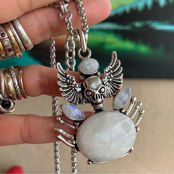 Genuine natural Moonstone gemstones  skull design with wings boho goth necklace - Picture 3 of 15